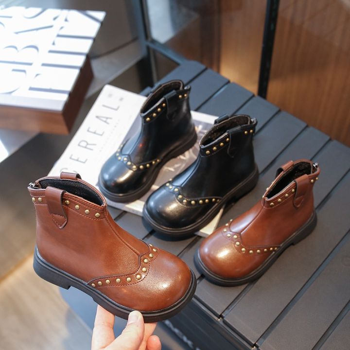 Stylish British Style Leather Short Cowboy Boots for Baby Girls Vintage  Rivets Zipper Soft Sole Anti-slippery Kids Shoes 2-16 Years Old T23N09PP-100
