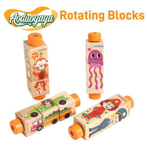 Oldlaiben Wooden Rotating Puzzle Toy 3D Jigsaw Blocks Baby Early Learning Animal Traffic Cognition Kids Mainan