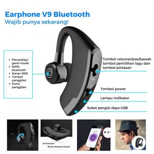 Headset Bluetooth Earphone 8D Earbuds Bas Wireless V9 5.0 Single Business Sport Headphone Microphone