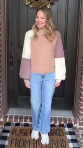 Upopby Womens Fall Winter Color Block Sweaters for Women Trendy Turtleneck Lantern Sleeve Knitted Sweater Jumper Tops