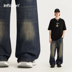 INFLATION Brand Mens Youth Street Retro Wide Leg Jeans 2024 Spring/Summer New Product Trendy Brand Cat Bead Worn Loose Straight Leg Pants
