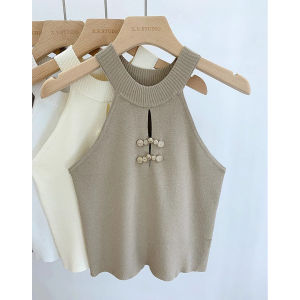 เสื้อชั้นในสตรีถักเชือกแขวนคอถักสวมใส่ชั้นในฤดูร้อนสวมใส่ด้านนอกหัวเข็มขัดย้อนยุคแขนกุดด้านบน