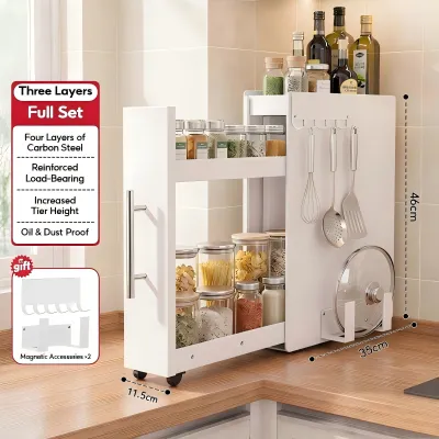 MODOFO No Drill Narrow Sliding Spice & Condiment Organizer Metal Pull-Out Cabinet Rack with Rotating Shelf - Space-Saving Kitchen Storage for Cabinets & Drawers