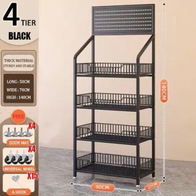 3/4/5 layer Shelves Storage Rack Multi-Purpose Storage Rack with Hook Vegetable Sundries for Supermarket Snack Rack Multifunctional Floor Rack Household Kitchen Organiser Mobile Display Casual snack Shelf Sink Dish Metal Grocery Stand steel Trolley