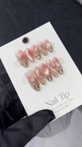 【HANDMADE+Free Glue】Artificial Nail Champagne Cats eye Diamond Rhombus Check Pattern Phototherapy Fake Nail Patch Press on Nails Reusable