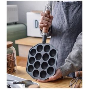 Chảo Gang Làm Bánh 14 Lỗ Chống Dính Tay Cầm Gỗ Chảo Gang Làm Bánh Bạch Tuộc Khuôn Làm Bánh Khọt Dùng Được Trên Bếp Từ