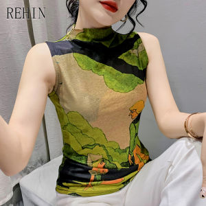 REHIN Womens top Fshion print sleeveless T-shirt half high neck slim fit thin tanks