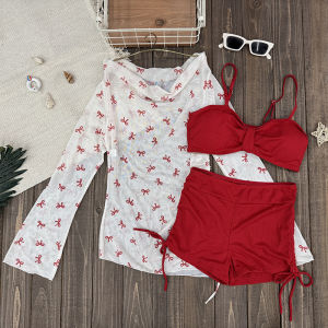 35-75KG (ส่งจากกรุงเทพฯ)เสื้อยืดแขนยาวพิมพ์ลายโบว์สไตล์หวานและเผ็ดสไตล์เกาหลีชุดสลิงสไตล์ ชุดว่ายน้ำ3ชิ้น 3040