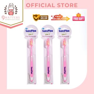 BUNDLE OF 3 PINK  | SansFluo Kids Toothbrush (5 - 10 years old) | Soft and Thin Long Handle for better reach of molars & Removal of Plaque