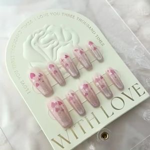 [HANDMADE]Artificial Nail Sweetheart Girl Nail Art Pink Glittering Star Peach Color Love Romantic Simplicity Phototpy Nails Reusable and Removable Nails