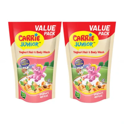 Carrie Junior Hair & Body Wash Yoghurt | Sabun Mandian Refill Pouch 475ml | Twinpack [ Yoghurt Apricot | Apple | Melon | Baby Blue | Pink ]