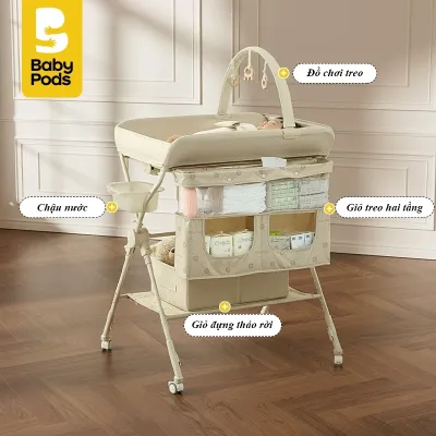 Bàn thay tã quần áo đa năng di động xếp gọn tùy chỉnh độ cao hiệu Babypods (tặng đồ chơi treo)