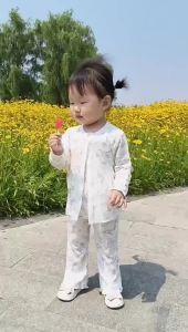 Girls Modal Suit Summer Thin Long-Sleeve Air Conditioning Outfit Baby Pajamas Suitable for Outdoor Wear Girls Three-Piece Set