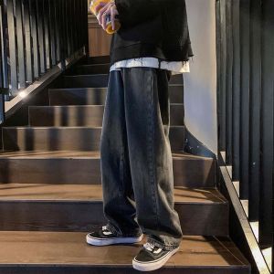 🔥Malaysia Spot🔥Jeans mens elastic wide leg pants loose straight leg pants mens American high street retro casual cropped pants