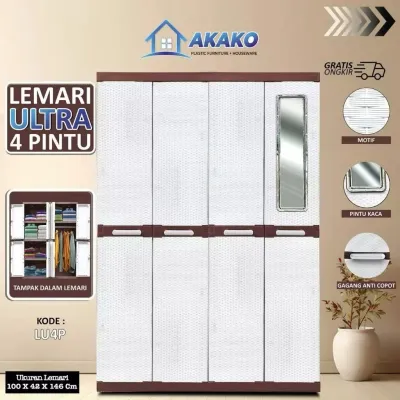 AKAKO ASLI - LEMARI PAKAIAN PLASTIK ULTRA 4 PINTU GANTUNG RAK PLUS KACA MOTIF ROTAN/ KODE : LUP4
