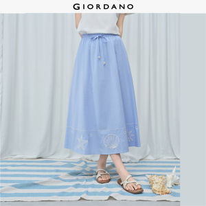 Giordano Women Ocean life embroidery elastic waist maxi skirt Free Shipping 18466813