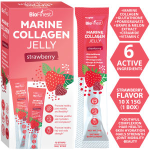 Biofinest Marine Collagen Jelly Supplement - Patented Grape Melon Extract Glutathione Rice Germ Ceramide Pomegranate Vitamin C - Youthful Hair Nails Skin Hydration Joint Mobility - High Strength Fast Absorption Men Women - No Sugar Strawberry (10 x 15g)