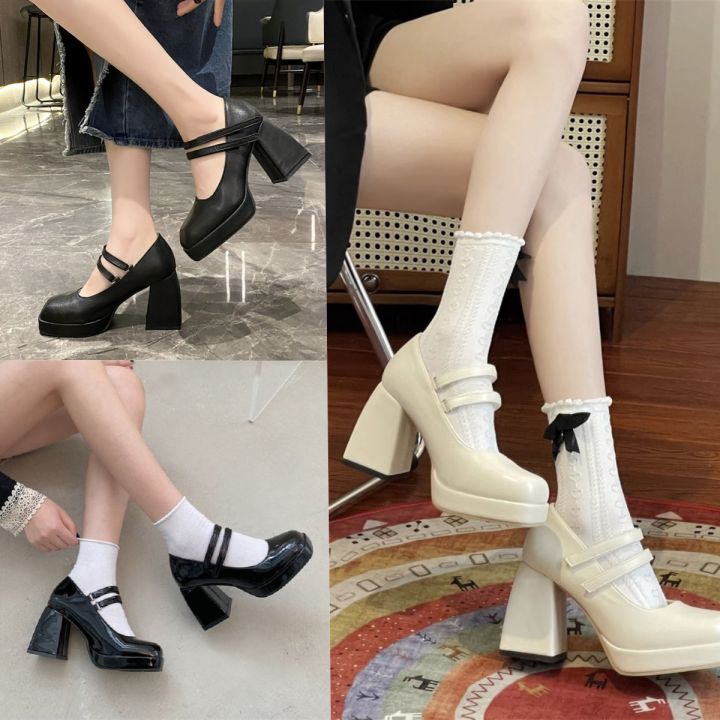 Size 35-42 French Vintage One Piece With High Heels Mary Jane Shoes Women's  Versatile Square Head Lazada PH