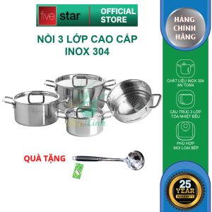 Bộ nồi inox 304 đáy liền khối Fivestar Plus FPB4005 size 16 20 24cm và xửng 20cm tặng 1 vá canh