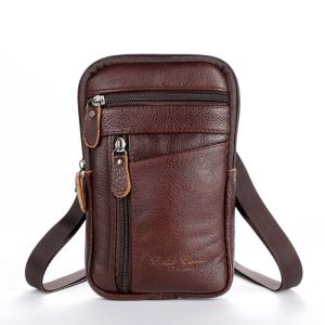 BELLERY Single/Double Layer Crossbody Phone Bag Large Capacity Genuine Leather Phone Chest Bag Waist Pack Universal Messenger Bag Mens