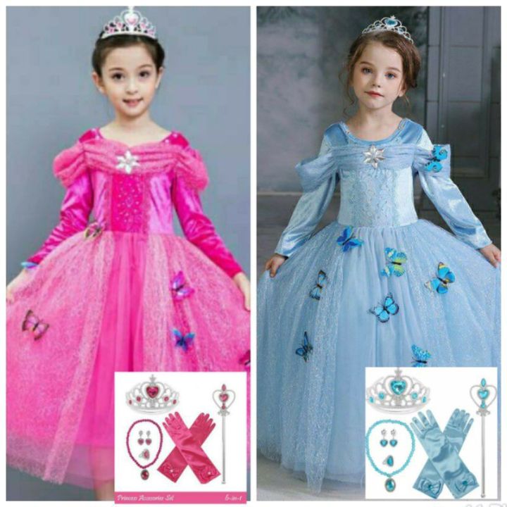 dress kostum princess Cinderella pink biru lengan panjang baju