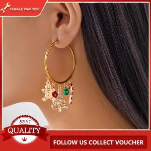 Female Warrior ต่างหูห้อยรูปต้นคริสต์มาสสำหรับผู้หญิงเครื่องประดับงานปาร์ตี้ต่างหูกระดิ่งตุ๊กตาหิมะเพทาย