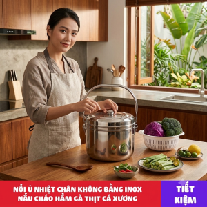 Combo nồi ủ nhiệt và nồi nấu chân không đế gang 9L inox 304-hầm gà nguyên con- Sử dụng all các bếp