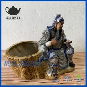 Chậu tượng Quan Công đọc sách men rạn gốm Bát Tràng trang trí bonsai tiểu cảnh