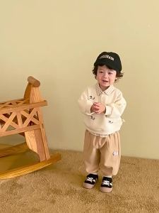 6438 Childrens Label Sweater Spring Autumn Boys Cartoon Bottoming Shirt  Baby Girls Fake Two-piece Pullover Tops2026