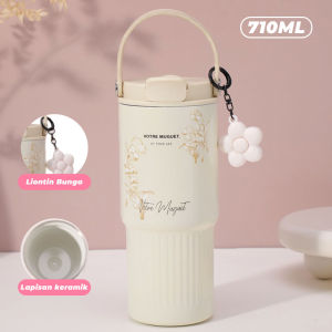 [COD] Diskon 710ml Tumbler Stainless Tahan Dingin Lapisan Dalam Keramik Tumblr Aesthetic Botol Minum Termos Air Panas Free Sedotan Gantungan