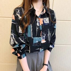 blouse long sleeve Korean vintage print loose shirt fashion temperament plus size comfortable casual top