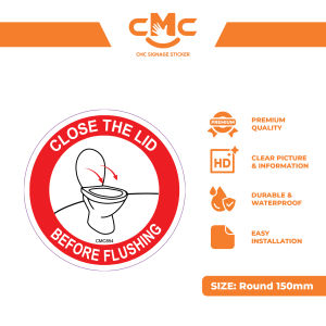 CMC854 Close The Lid Toilet Signage (15cm Diameter) Toilet Sign Sticker Flushing Sign Men Toilet Women Toilet