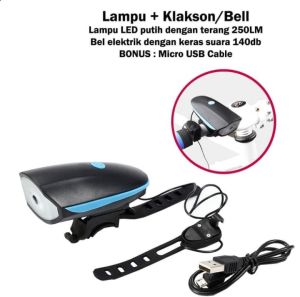 Lampu Sepeda Depan Led dan Bel Klakson Usb Rechargeable