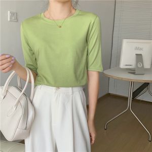 Korean Style High-quality T-shirt Women Round Neck Short-sleeved Thin Modal Mid-sleeve Shirt Slim Fit