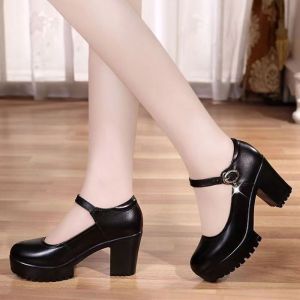 Middle-aged and old round head runway soft leather waterproof platform modeling shoes dancing thick heeled leather shoes