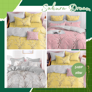LEENS - Sprei King Aesthethic Microsilk Disperse Silk Sprei FULL SET King / Queen/ Single Motif Sakura Dream Minimalis Lembut