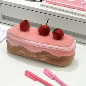 1 Pcs Creative Pink Cherry Plush Pencil Case Student Large Capacity Cake Pencil Box Multi-functional Stationery Storage Bag Cosmetic Bag