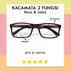 Kacamata Double Fungsi Lensa Normal/Jalan Dan Baca/Plus Frame Kotak Warna Coklat Glossy Full Rim Ringan Kokoh Cocok Untuk Orangtua PRIA WANITA - COD