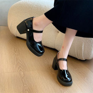 รองเท้าส้นสูง ส้นหนา รองเท้าแมรี่เจนสไตล์เกาหลี ตกแต่งกระดุมมุก สําหรับผู้หญิง นักเรียน
