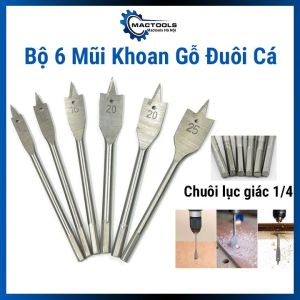 Bộ 6 mũi khoan đuôi cá khoét gỗ lỗ tròn chuôi lục giác chuyên dụng nhiều kích thước
