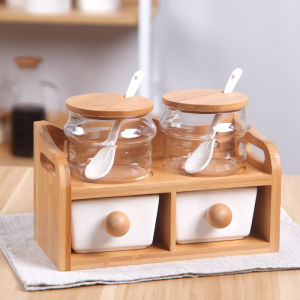 BOSSLU Tempat Penyimpanan Bumbu 4in1 Set Dapur Kaca Keramik Dengan Stand Kayu Dan Sendok