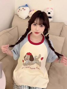 2025年新款女士短袖卡通网红风睡衣带胸垫防凸点夏季天家居服套装