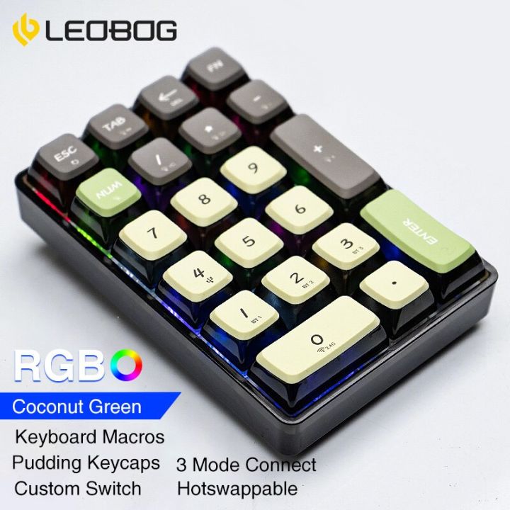 thumbnail image 2 of EPOMAKER X LEOBOG K21 Wireless Number Pad - 21 Keys, 3 Modes, RGB, Hot-Swappable, Pudding Keycaps - Moss Ice Crystal Switch 2 of 14