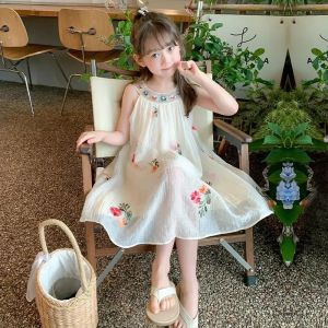 Girls Dress Summer 2024 New Fashionable Childrens Embroidery Slip dress Holiday Style Beach Princess