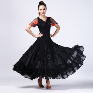 National standard dance performance costume modern dance ballroom dance big swing skirt suit short-sleeved flower mesh dance costume