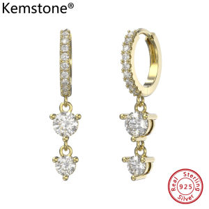 Kemstone S925 Sterling Silver 4A Round White Cubic Zirconia Gold Plated Drop Dangle Earrings Jewelry for Womens Jewelry Gift