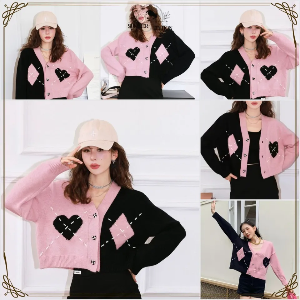 Cardigan Rajut Wanita Vneck Lengan Panjang Motif Love Tone