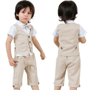 Boss Baby Outfit for Boy Birthday Baptismal Clothes Toddler Gentleman Wedding Ootd for Kids False Two-piece Set Vest Tops Shorts Terno㏇X0422