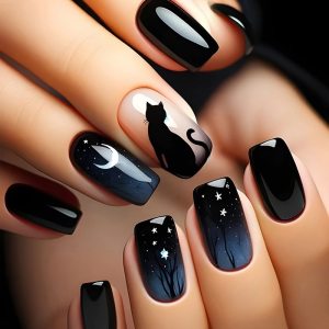 24 Pcs Black Cats Stick on Nail Gradient Artificial Nail Moon and Stars False Nail Glossy Press On Nail for Woman Girls