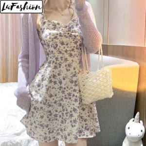 LuFashion Dress Floral Women Summer Korean Style Slim Slip Dress
